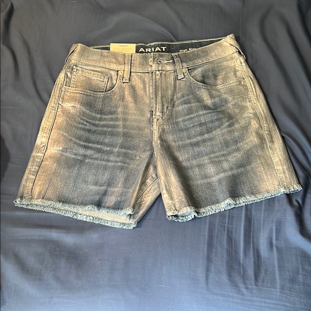Ariat Boyfriend Silver Gloss, High Rise/Waist.  The fabric is stretchy.